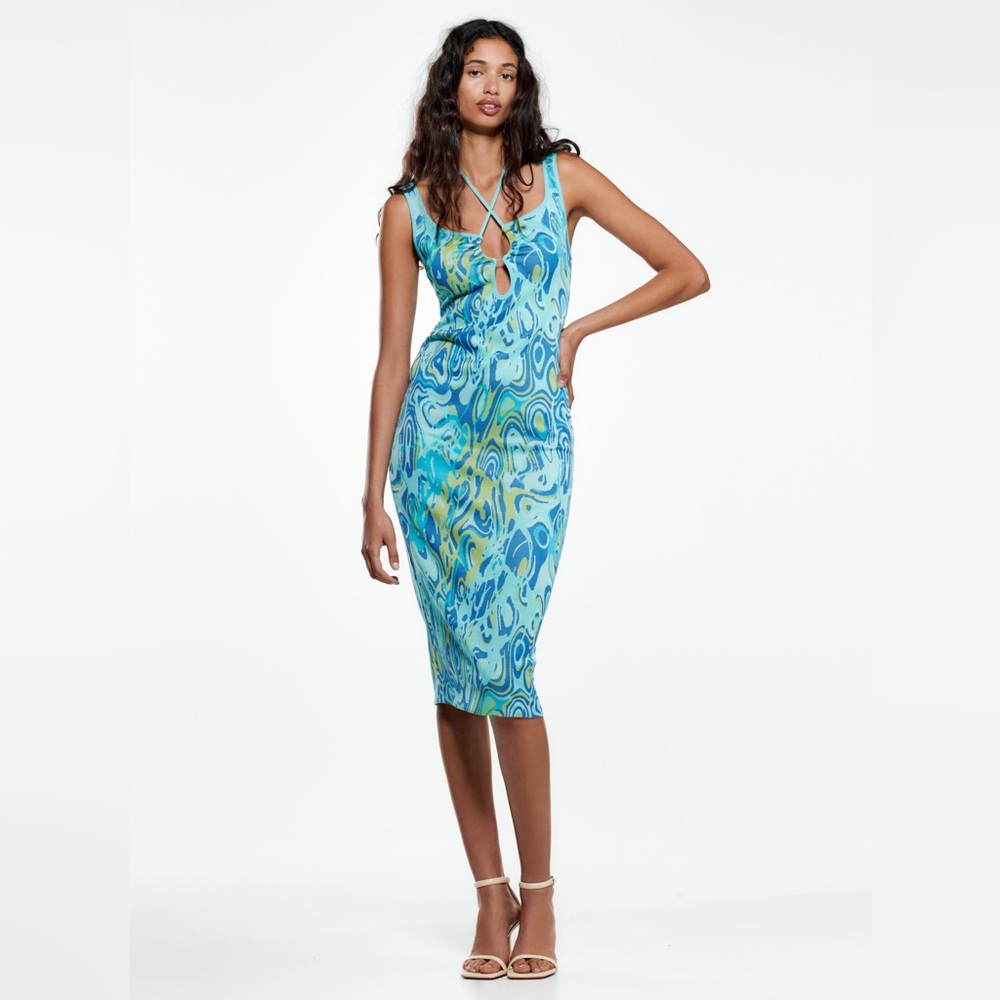 Zara Light Blue Print Cut out Jacquard Midi Size M - Picture 3 of 14